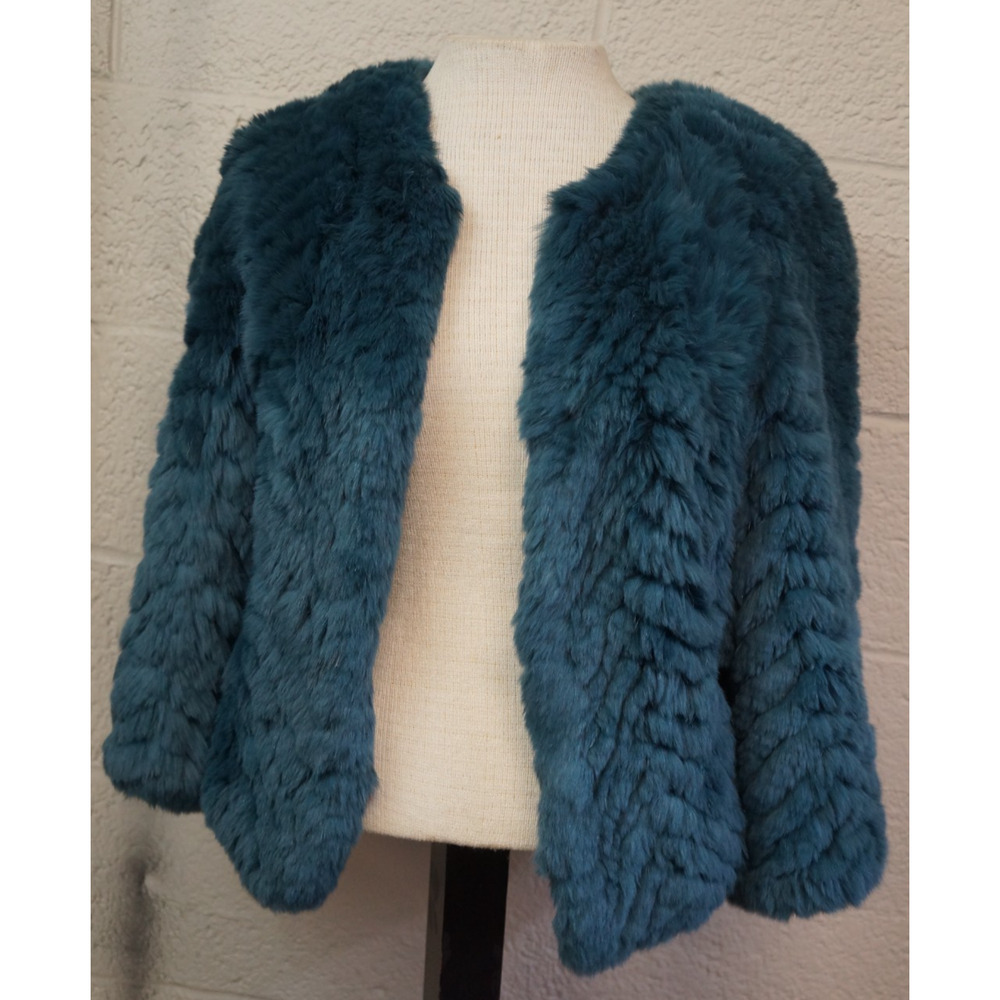 Barneys New York Teal Real Rabbit Fur Jacket Cropped Jagger Luxury Coat Size S - Picture 12 of 15